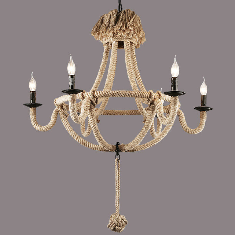 Rustic Style Candle Rope Chandelier: Beige Pendant Lighting For Dining Room (3/6 Lights)