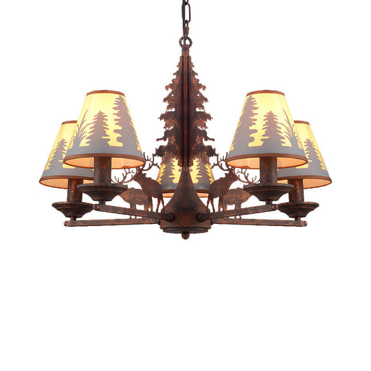 Industrial Cone Metal And Fabric Chandelier - Rust Finish 3/5/8 Light Pendant Lighting For Dining