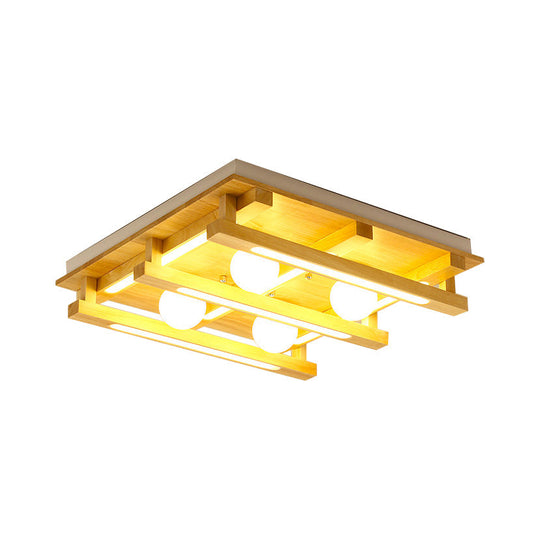 Modern Square Wood Flush Mount Lamp with LED Lights - Brown Flush Mount Ceiling Light Fixture with White Glass Ball Shade in White/Warm Light