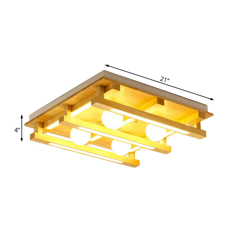 Modern Square Wood Flush Mount Lamp with LED Lights - Brown Flush Mount Ceiling Light Fixture with White Glass Ball Shade in White/Warm Light