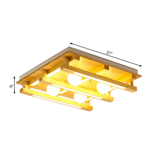 Modern Square Wood Flush Mount Lamp with LED Lights - Brown Flush Mount Ceiling Light Fixture with White Glass Ball Shade in White/Warm Light