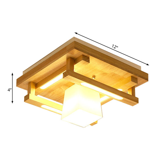 Modernist Wood Square Flush Mount Lighting with 1/4/9 Brown LED Lights and White Glass Cubic Shade in White/Warm Light