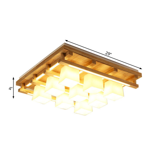 Modernist Wood Square Flush Mount Lighting with 1/4/9 Brown LED Lights and White Glass Cubic Shade in White/Warm Light