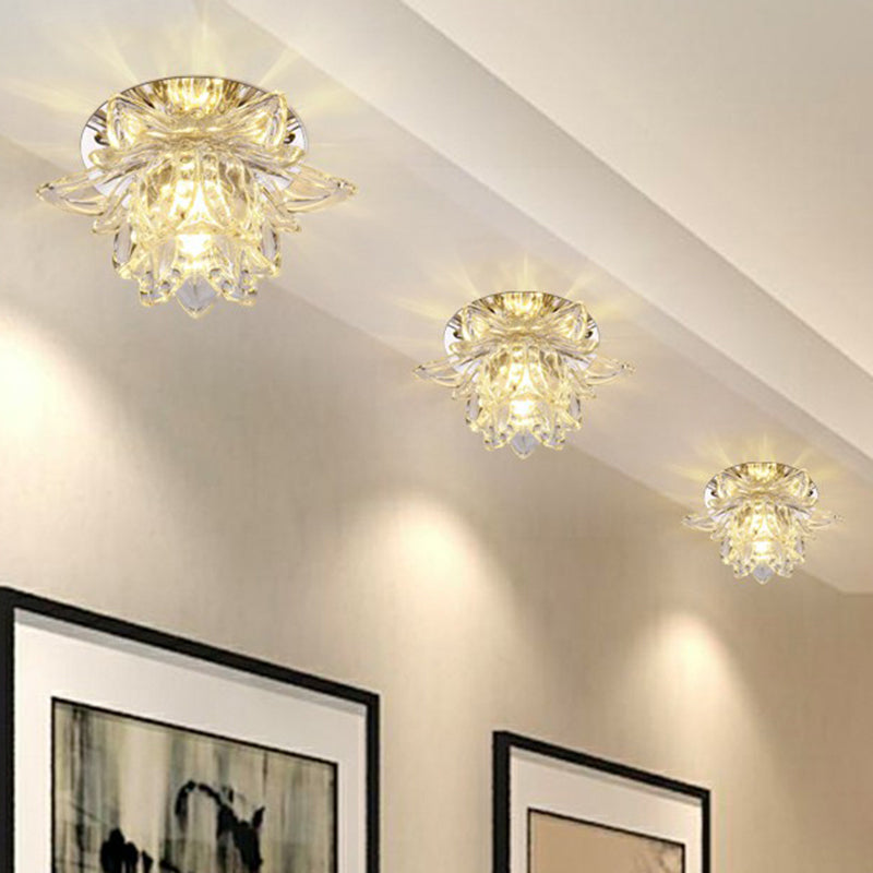 Modern Lotus-Shaped Entryway LED Crystal Flush Mount Ceiling Light in Clear