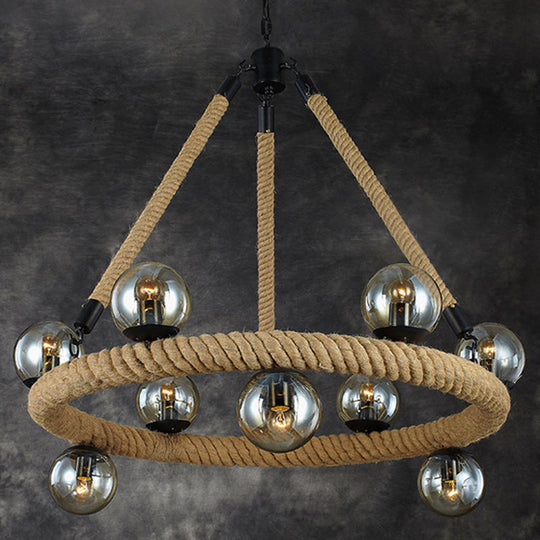 Lustre industriel en corde avec abat-jour en verre - Luminaire beige à 9 lumières pour salle à manger