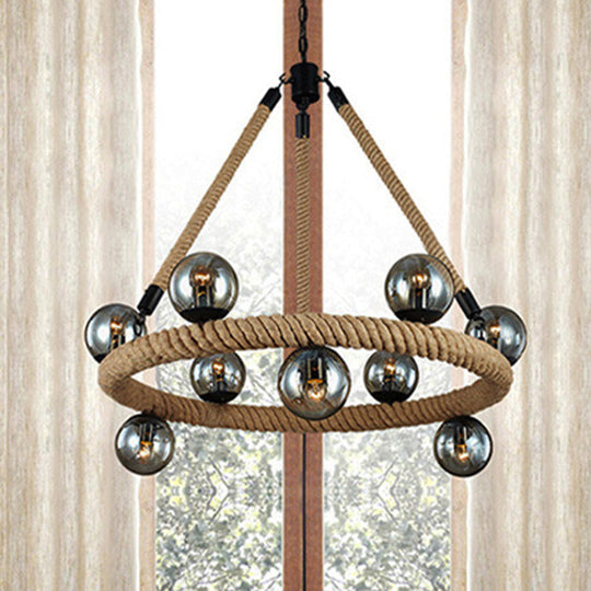 Lustre industriel en corde avec abat-jour en verre - Luminaire beige à 9 lumières pour salle à manger