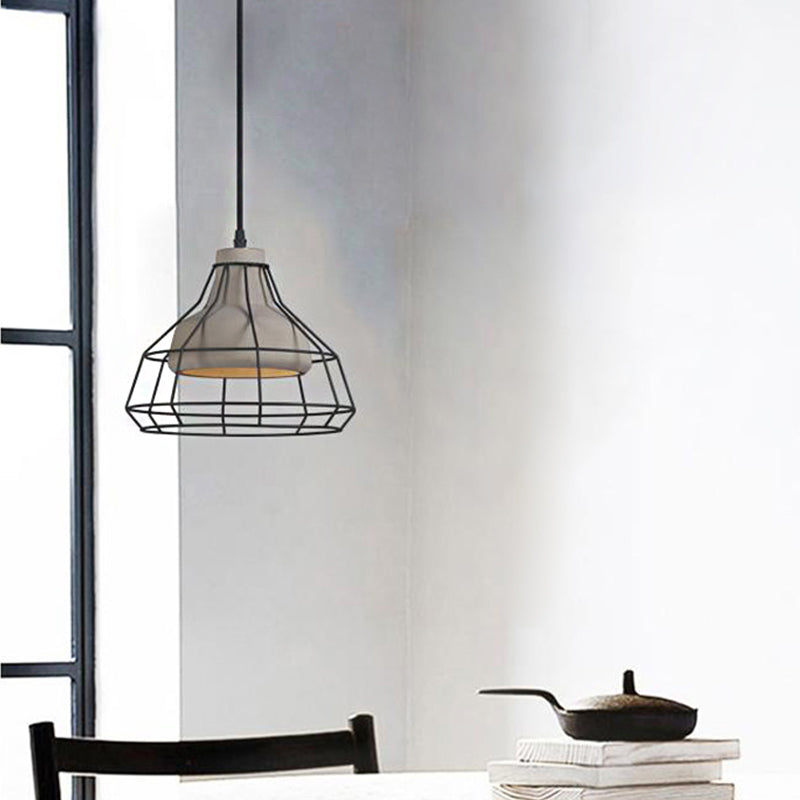 Modernist Cement Cone Hanging Pendant Lamp With Wire-Cage Shade 1-Light Black 10.5/14 Width
