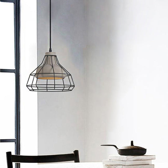 Modernist Cement Cone Hanging Pendant Lamp With Wire-Cage Shade 1-Light Black 10.5/14 Width