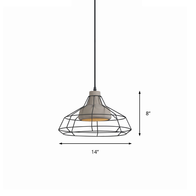 Cement Cone Suspension Light - Modernist Black Hanging Pendant Lamp with Wire-Cage Shade, 10.5"/14" Wide