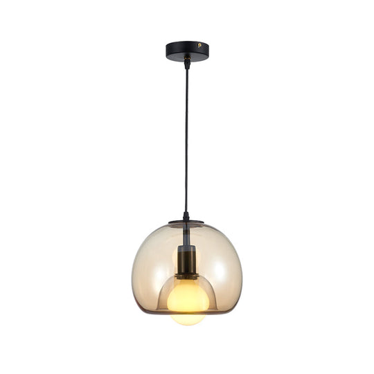 Contemporary Amber/Smoke Glass Dome Suspension Pendant - Black Hanging Lamp For Bedroom