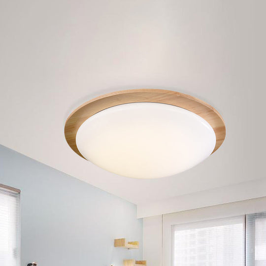 Contemporary Beige LED Flush Mount Lamp with Wood Canopy - 12"/15" Wide Sphere Design