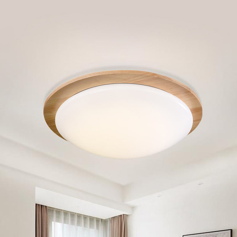 Contemporary Beige LED Flush Mount Lamp with Wood Canopy - 12"/15" Wide Sphere Design