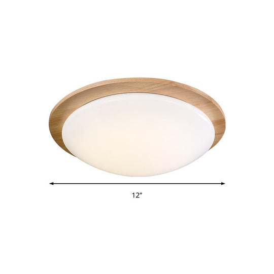 Contemporary Beige LED Flush Mount Lamp with Wood Canopy - 12"/15" Wide Sphere Design