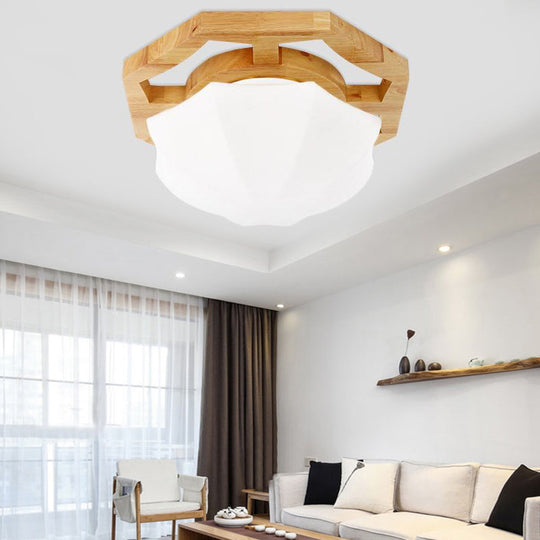 Modern Milk Glass Beige LED Flush Mount Lamp with Wood Canopy - Various Sizes
