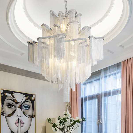 Postmodern Silver Chandelier Light Fixture for Living Room with Aluminum Tiered Chain Ceiling Lighting