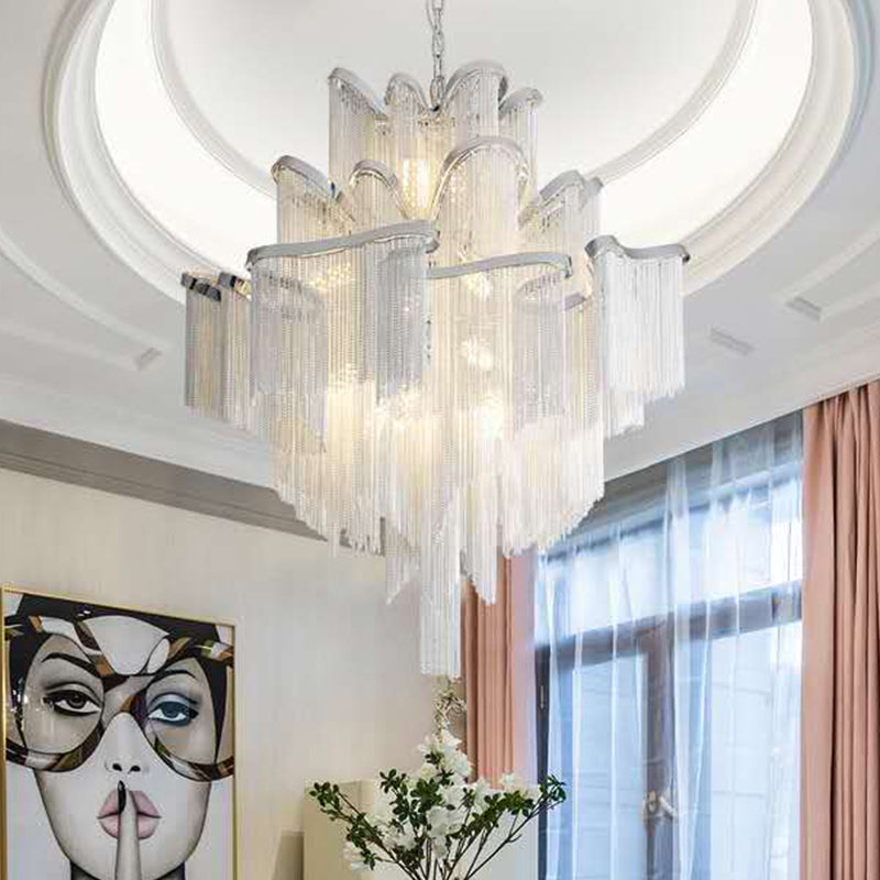 Silver Postmodern Tiered Aluminum Chain Chandelier For Living Room - Ceiling Lighting Fixture / 23.5