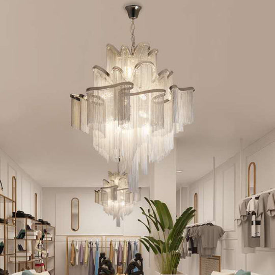 Postmodern Silver Chandelier Light Fixture for Living Room with Aluminum Tiered Chain Ceiling Lighting