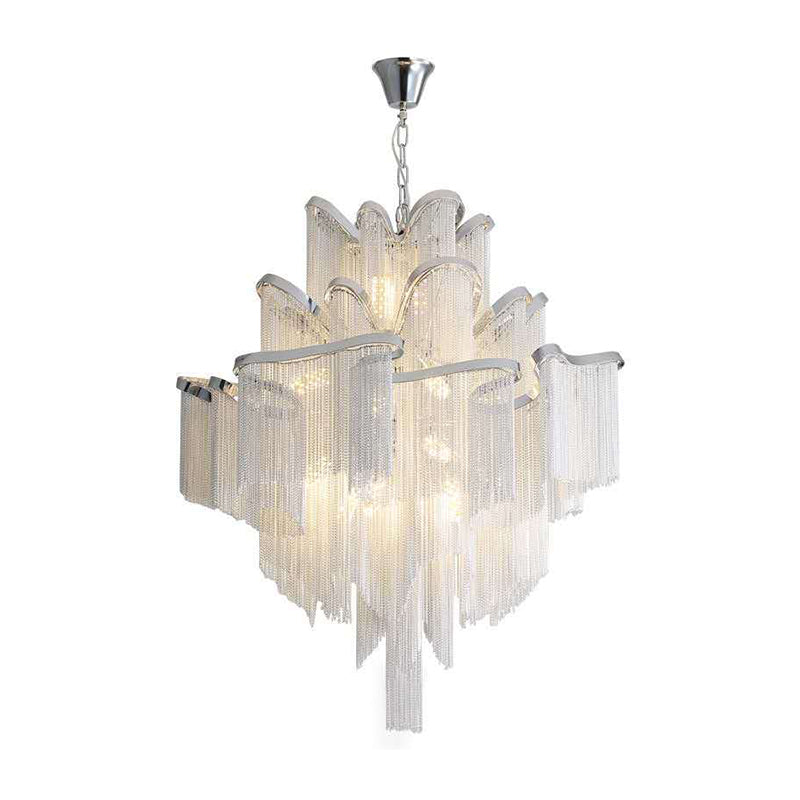 Postmodern Silver Chandelier Light Fixture for Living Room with Aluminum Tiered Chain Ceiling Lighting