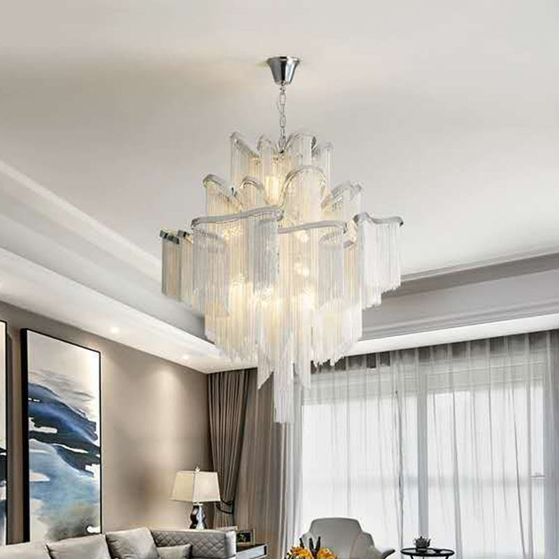 Postmodern Silver Chandelier Light Fixture for Living Room with Aluminum Tiered Chain Ceiling Lighting