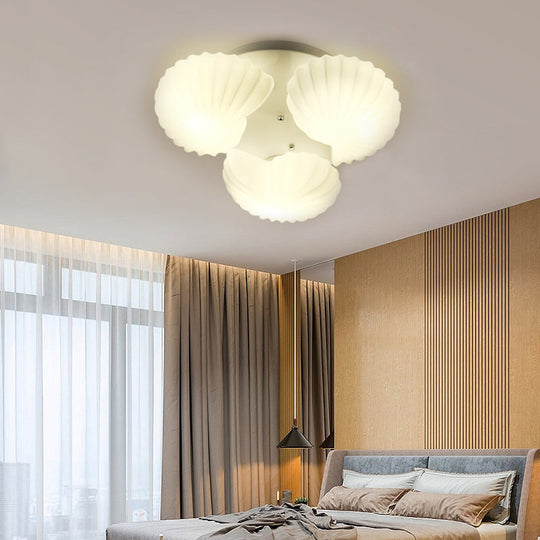 Modern Shell Shape Bedroom Flush Mount Ceiling Light in White Glass, Available in 3/5/7 Lights