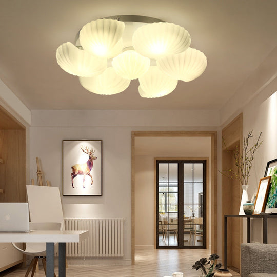 Modern Shell Shape Bedroom Flush Mount Ceiling Light in White Glass, Available in 3/5/7 Lights