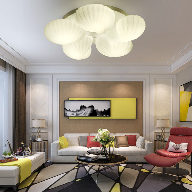 Modern Shell Shape Bedroom Flush Mount Ceiling Light in White Glass, Available in 3/5/7 Lights
