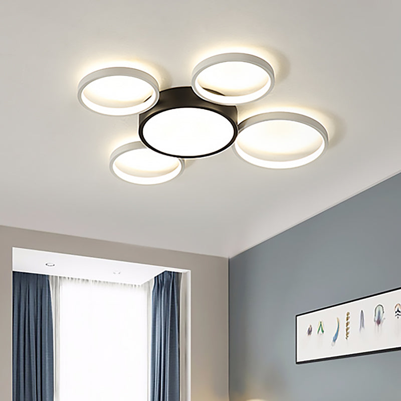 Modern Black and White Multi-Ring Flush Lighting - Acrylic LED Flush Mount Lamp with 3/5/6 Lights in White/Warm Light
