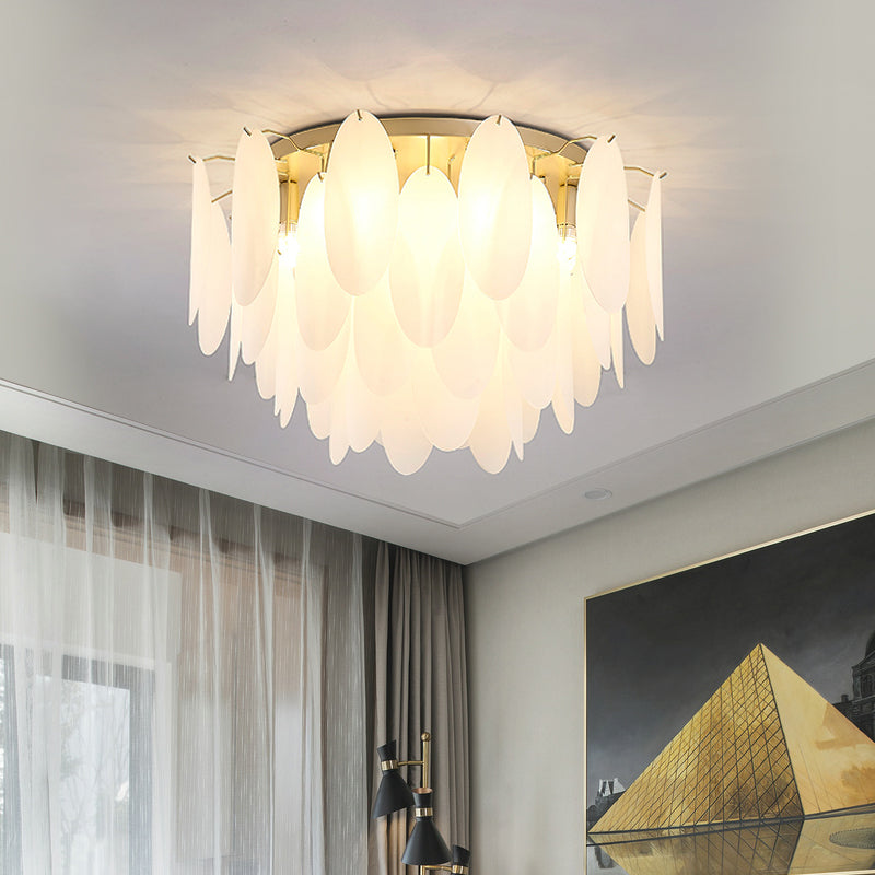 Contemporary White Glass Feather-Shaped Flush Mount Lamp - 22.5"/28" Wide - 6-Light Living Room Ceiling Fixture
