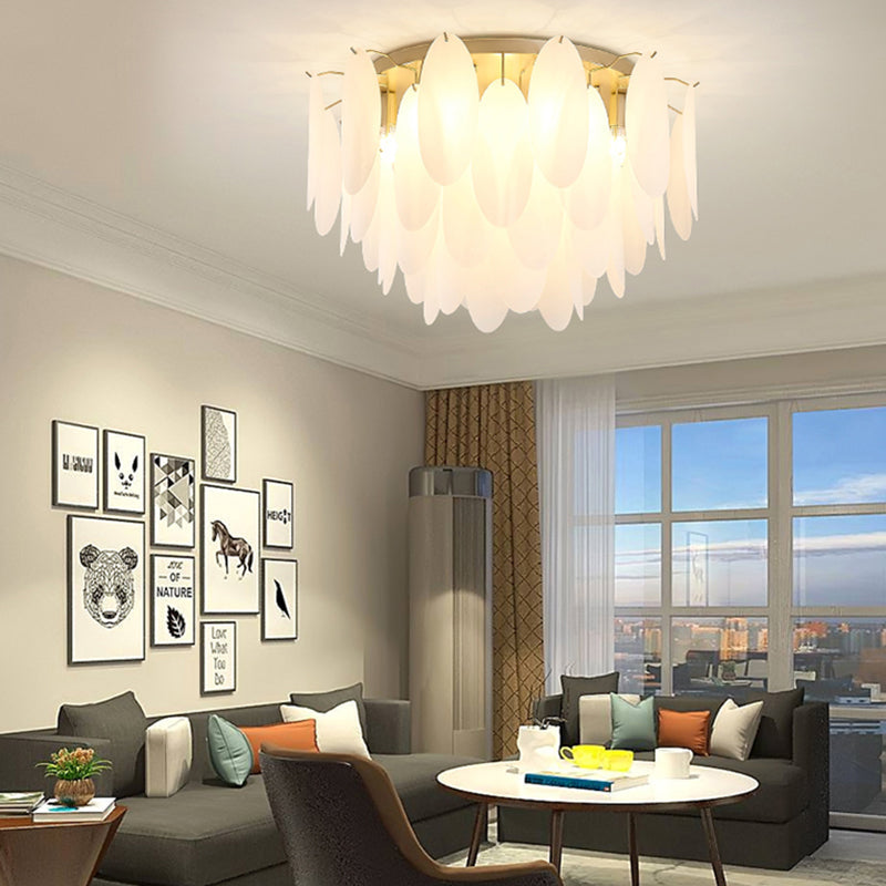 Contemporary White Glass Feather-Shaped Flush Mount Lamp - 22.5"/28" Wide - 6-Light Living Room Ceiling Fixture