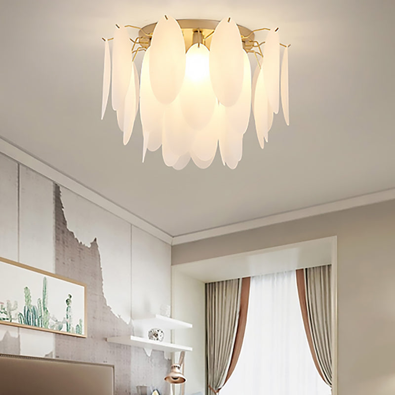 Contemporary White Glass Feather-Shaped Flush Mount Lamp - 22.5"/28" Wide - 6-Light Living Room Ceiling Fixture