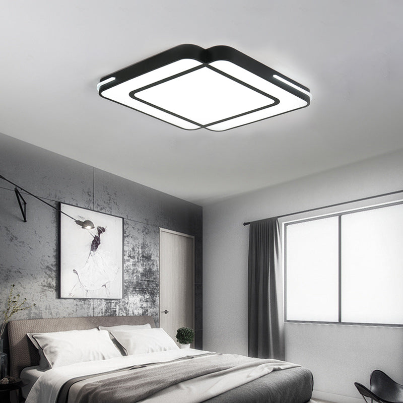 Modern LED Flush Mount Light Fixture with Acrylic Shade - Black/White Square Design - White Light, 16"/19.5"/23.5" Wide