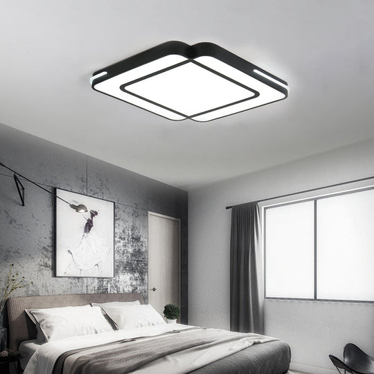 Modern LED Flush Mount Light Fixture with Acrylic Shade - Black/White Square Design - White Light, 16"/19.5"/23.5" Wide