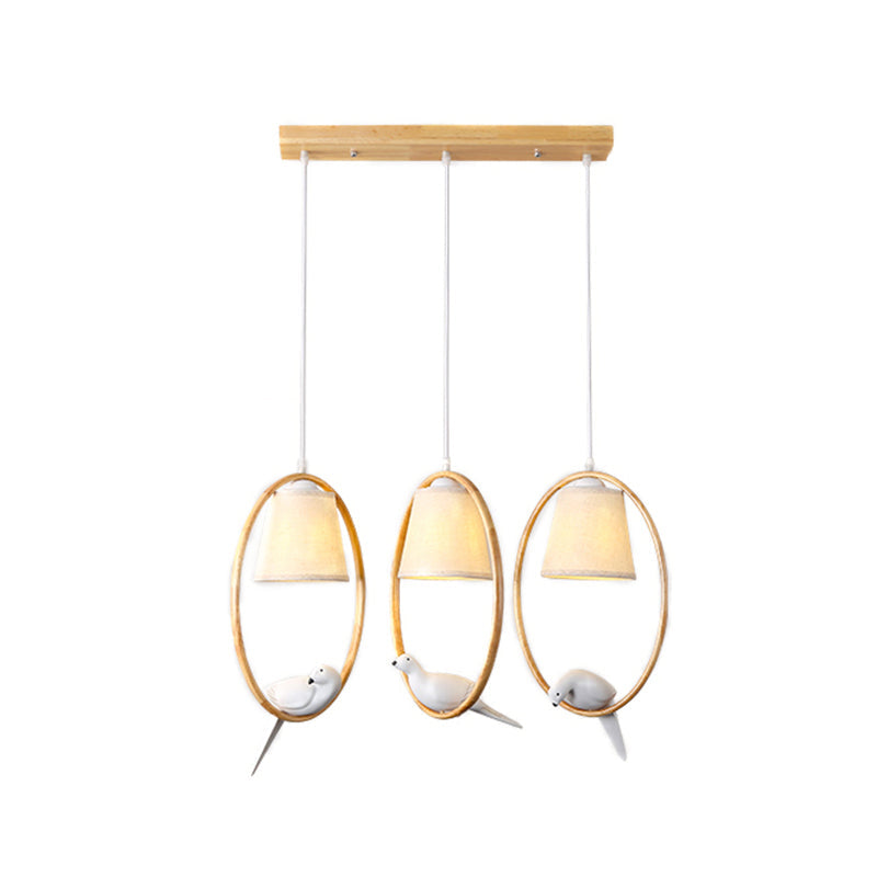 Contemporary Cone Fabric Pendant Lamp with Wood Ring and Resin Bird - 1/3 Lights, White Fixture