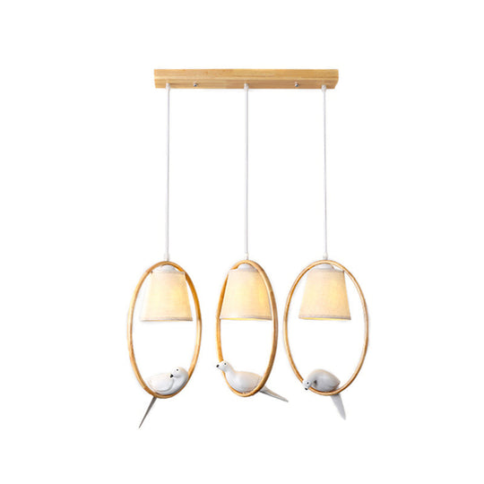 Contemporary Cone Fabric Pendant Lamp with Wood Ring and Resin Bird - 1/3 Lights, White Fixture