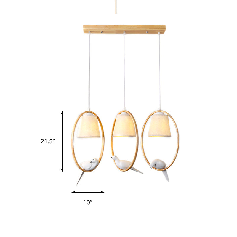 Contemporary Cone Fabric Pendant Lamp with Wood Ring and Resin Bird - 1/3 Lights, White Fixture