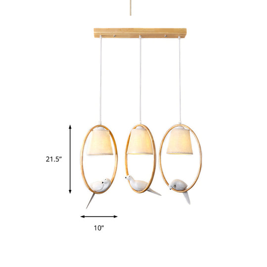 Contemporary Cone Fabric Pendant Lamp with Wood Ring and Resin Bird - 1/3 Lights, White Fixture