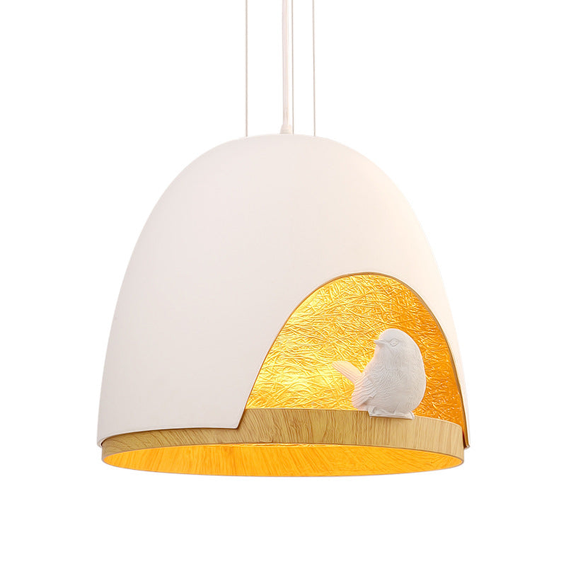 Contemporary Dome Pendant Lighting With Bird And Nest Design - White/Black Resin Hanging Lamp