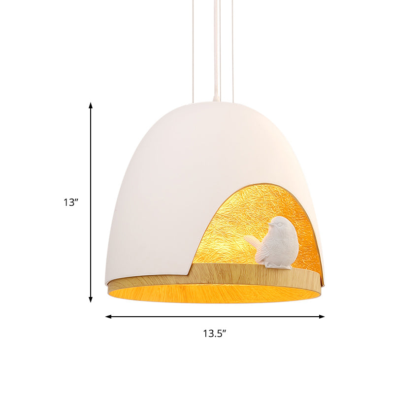Contemporary Dome Pendant Light with Nest and Bird Design - Resin Hanging Lamp Fixture (White/Black)