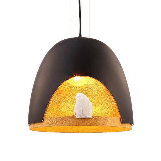 Contemporary Dome Pendant Light with Nest and Bird Design - Resin Hanging Lamp Fixture (White/Black)