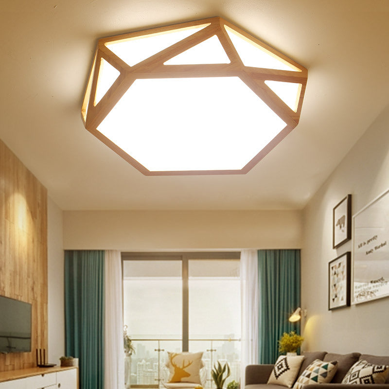 Wide Geometric Flush Mount Nordic Wood LED Lamp - 16"/19.5"/23.5" Beige Design for Living Room