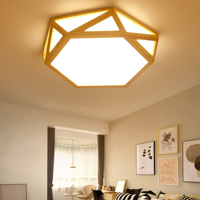 Wide Geometric Flush Mount Nordic Wood Led Lamp - 16/19.5/23.5 Beige Design For Living Room