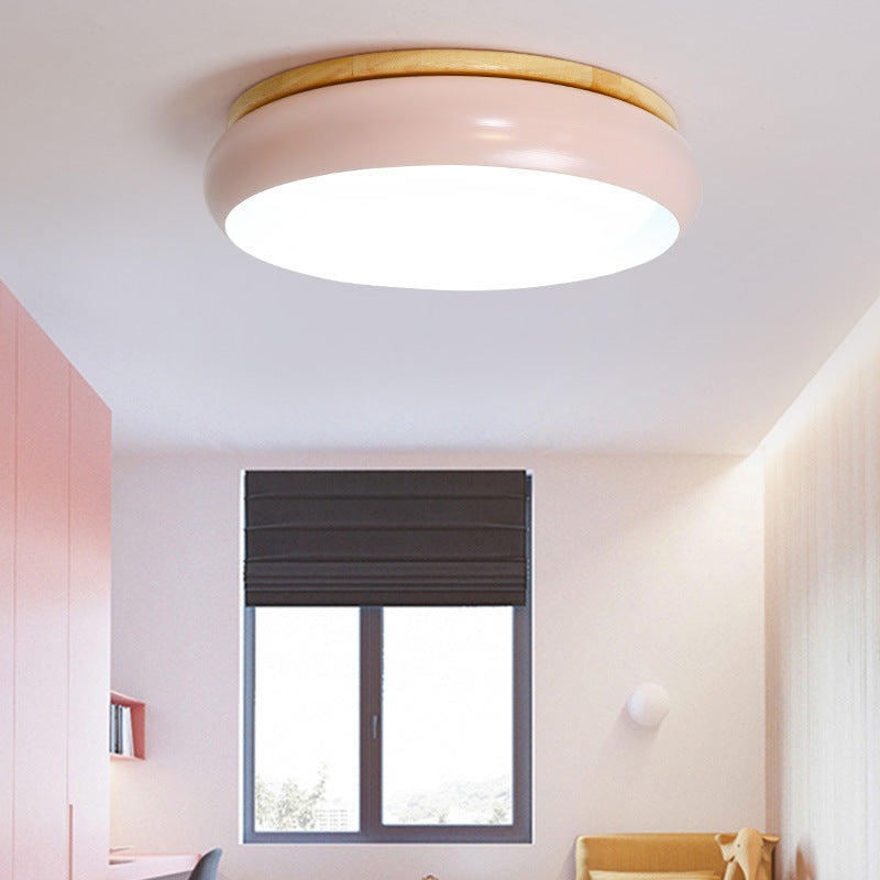18"/21.5" Dia LED Flush Mount Drum Lamp in Macaron Wood White/Pink/Green - White/Warm/Natural Light