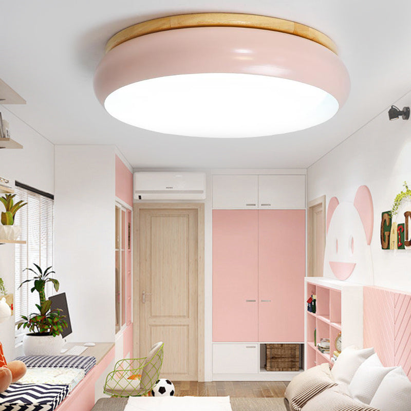 18"/21.5" Dia LED Flush Mount Drum Lamp in Macaron Wood White/Pink/Green - White/Warm/Natural Light