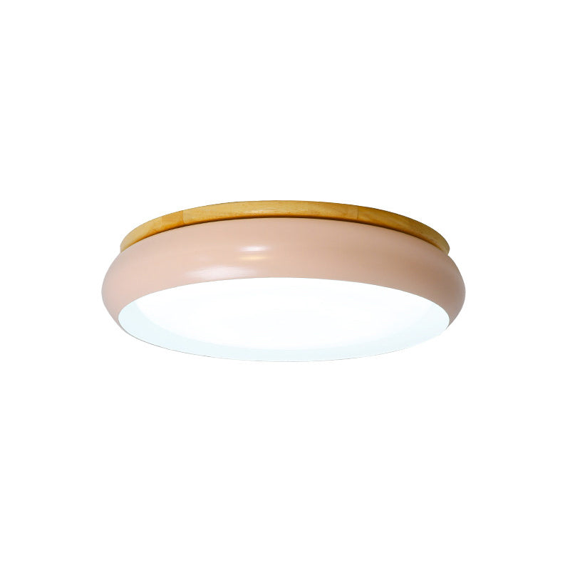 18"/21.5" Dia LED Flush Mount Drum Lamp in Macaron Wood White/Pink/Green - White/Warm/Natural Light
