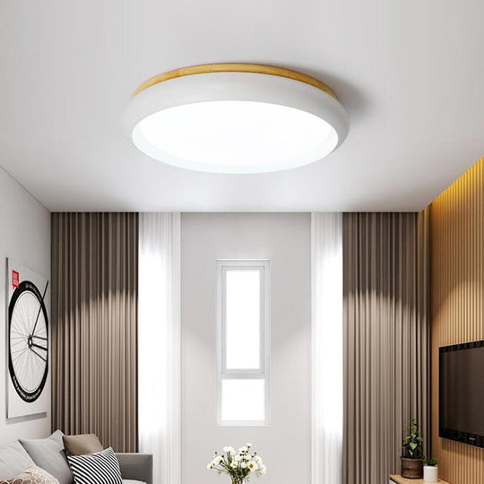 18"/21.5" Dia LED Flush Mount Drum Lamp in Macaron Wood White/Pink/Green - White/Warm/Natural Light