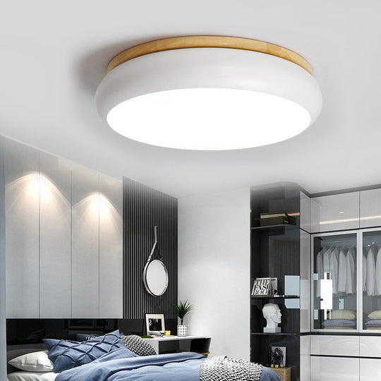 18"/21.5" Dia LED Flush Mount Drum Lamp in Macaron Wood White/Pink/Green - White/Warm/Natural Light