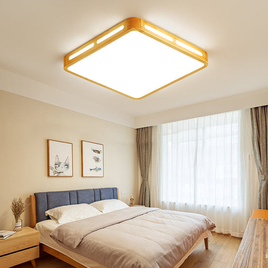 Modern Wood Beige LED Ceiling Light for Bedroom - Rectangle Flush Mount Lamp, 12"/18"/21"/25.5" Wide
