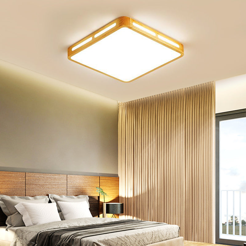 Modern Wood Beige LED Ceiling Light for Bedroom - Rectangle Flush Mount Lamp, 12"/18"/21"/25.5" Wide