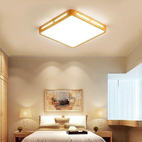Modern Wood Beige LED Ceiling Light for Bedroom - Rectangle Flush Mount Lamp, 12"/18"/21"/25.5" Wide