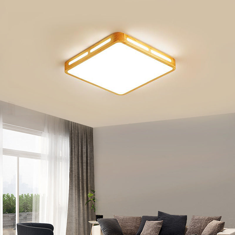 Modern Wood Beige LED Ceiling Light for Bedroom - Rectangle Flush Mount Lamp, 12"/18"/21"/25.5" Wide